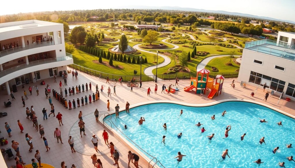 Panoramic view of a bustling leisure center, bathed in warm afternoon light. In the foreground, families and friends engage in a variety of lively activities - swimming in a sparkling pool, shooting hoops on an outdoor court, and playing on vibrant, modern play structures. The middle ground features a well-equipped fitness center, with people lifting weights and stretching. In the background, a lush, landscaped garden with winding paths invites visitors to stroll and unwind. The overall atmosphere exudes a sense of community, wellness, and boundless opportunities for leisure and recreation.