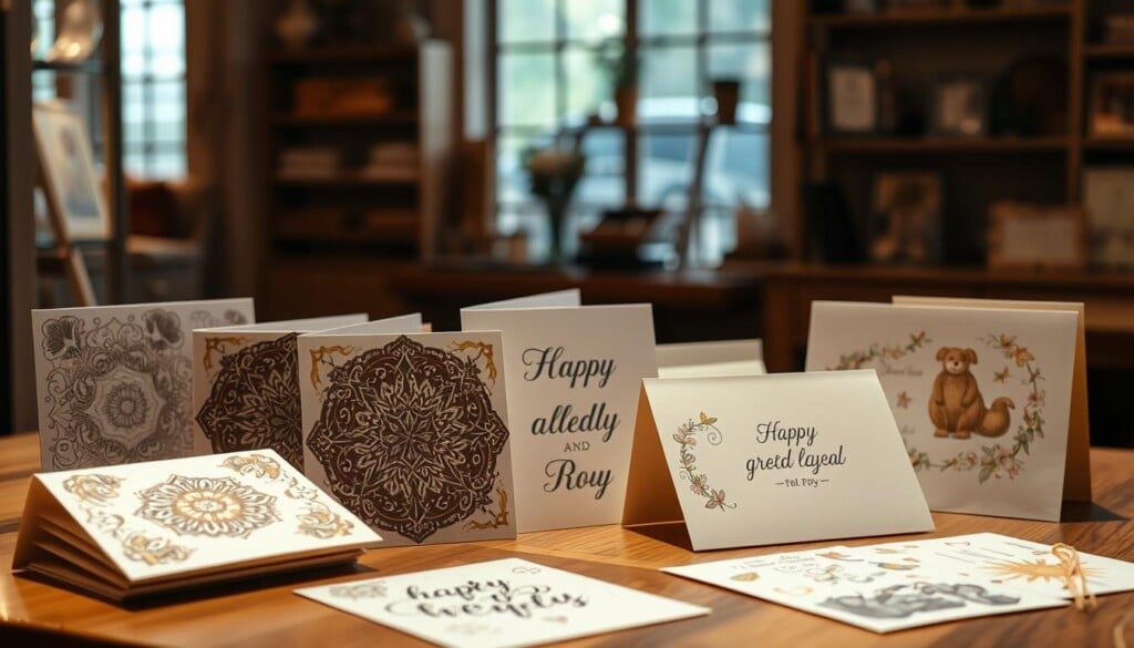 Personalized greeting cards arranged on a wooden table, each one uniquely designed with intricate patterns, calligraphy, and hand-drawn illustrations. The lighting is warm and soft, casting a gentle glow over the scene. The cards are placed in a thoughtful, artful arrangement, some overlapping, others standing upright, creating a visually compelling display. In the background, a blurred window reveals a cozy, inviting shop interior, hinting at the care and attention given to each handcrafted piece. The overall atmosphere evokes a sense of creativity, thoughtfulness, and the personal touch that makes these cards truly special.