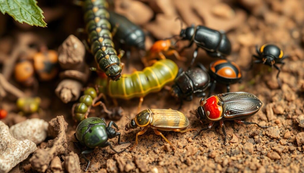 Pest identification: a detailed close-up image showcasing a variety of common garden pests, such as aphids, caterpillars, and beetles, against a natural, earthy backdrop. Crisp, high-resolution photography with a shallow depth of field, capturing the intricate textures and patterns of these insects in striking detail. Warm, natural lighting illuminates the subjects, emphasizing their unique features and emphasizing their role as potential threats to a thriving home garden. The overall tone is educational and informative, providing a comprehensive visual reference for identifying and understanding these common garden invaders.