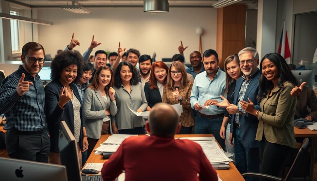Policy advocacy in human rights organizations: A powerful group of advocates stand united, poised to influence policymakers. In the foreground, a diverse team of human rights professionals gestures emphatically, their expressions conveying determination. In the middle ground, they gather around a table, poring over documents and blueprints, strategizing their next steps. The background reveals a bustling office, with computers, phones, and the occasional glimpse of an international flag, hinting at the global reach of their work. Soft, warm lighting illuminates the scene, creating an atmosphere of purposeful collaboration and a shared commitment to advancing human rights through policy change.