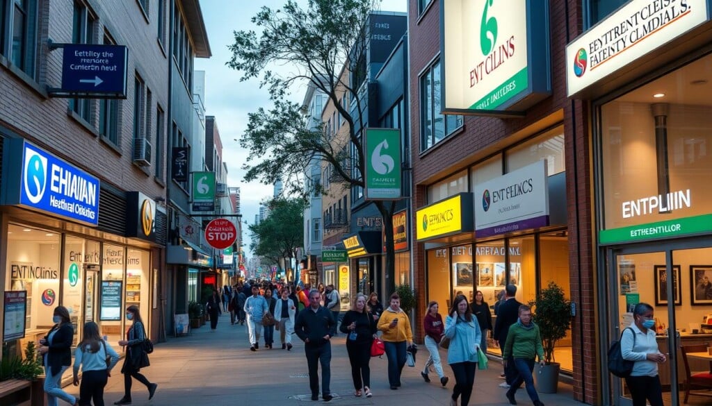 Prompt A bustling street lined with local ENT clinics, their signage and branding prominently displayed. The buildings have a professional, yet welcoming feel, with large windows and inviting entryways. The sidewalks are busy with patients entering and exiting the clinics, creating a sense of community and accessibility. The lighting is a mix of natural daylight and warm, subtle lighting from the clinics' interiors, casting a cozy glow. The scene is captured from a slightly elevated angle, giving a comprehensive view of the neighborhood's healthcare offerings.