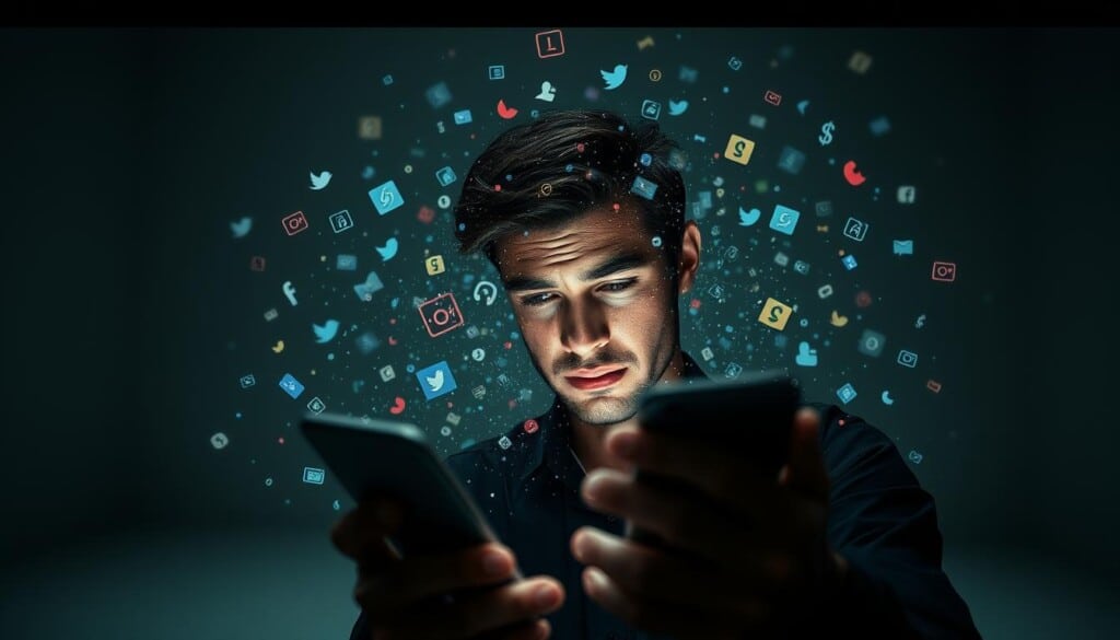 Prompt A cinematic scene of an actor navigating the complex landscape of social media, with their phone in hand, surrounded by a whirlwind of likes, shares, and comments. In the foreground, the actor's face is illuminated by the glow of the screen, their expression a mixture of concentration and unease. The middle ground is a maelstrom of digital activity, with swirling icons and data streams representing the impact of social media on their career. In the background, a stark, minimalist studio setting emphasizes the isolating nature of this digital world. Dramatic lighting and a moody, atmospheric tone convey the weight and significance of social media's influence on the modern actor's journey.