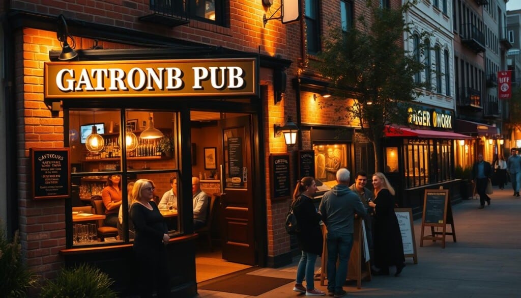 Prompt A cozy, well-lit gastropub nestled in a bustling urban neighborhood, its warm amber lighting casting a welcoming glow onto the sidewalk. The exterior features a rustic brick facade with large windows showcasing the inviting interior, where patrons sip craft cocktails and savor gourmet pub fare. In the foreground, a group of friends chat animatedly, while in the background, a line of other gastropubs can be seen, hinting at the vibrant local dining scene. The overall atmosphere exudes a sense of community, comfort, and a passion for elevated, locally-sourced cuisine.