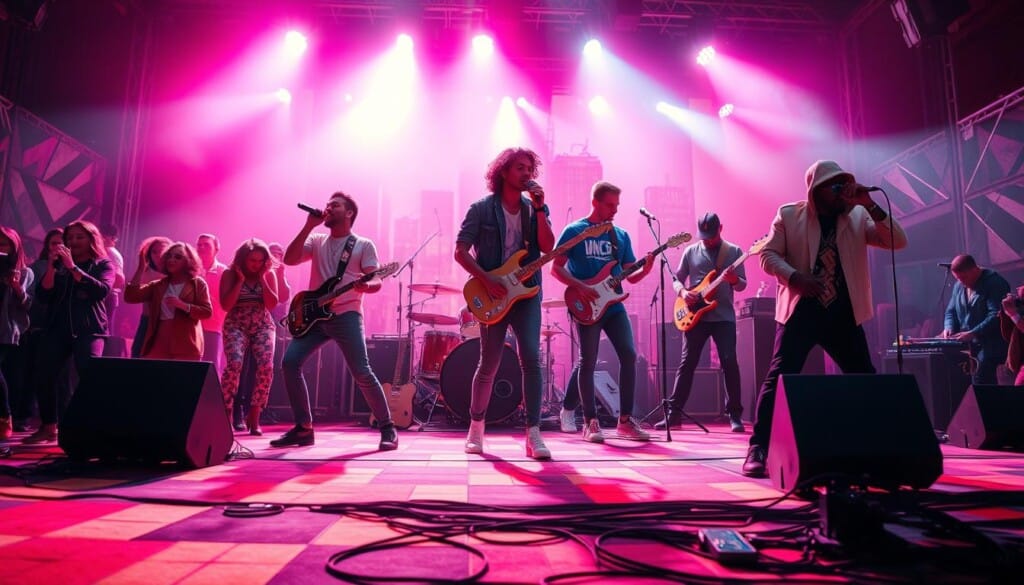 Prompt A vibrant, dynamic scene depicting the key music genres shaping the 2023 landscape: in the foreground, a group of pop artists performing on a colorful stage, surrounded by adoring fans; in the middle ground, a grunge-inspired indie rock band passionately playing their instruments against a gritty urban backdrop; and in the background, a hypnotic hip-hop artist rapping with a captivating stage presence, accompanied by a pulsing beat and neon-lit environment. The overall composition conveys the energy, diversity, and evolution of the modern music scene, captured through a cinematic, high-contrast lens with dramatic lighting and rich, saturated colors.
