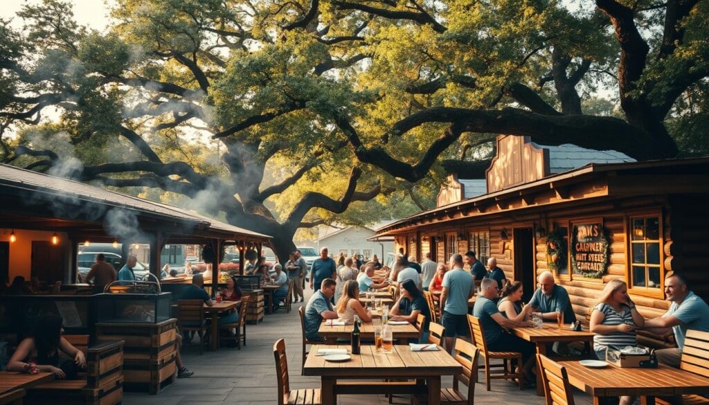 Prompt A vibrant scene of the best barbecue restaurants in Texas, captured in a warm, inviting atmosphere. In the foreground, the smoky aroma of slow-cooked meats wafts through the air, enticing passersby with the promise of mouthwatering ribs, brisket, and sausages. The middle ground features a bustling outdoor patio, with patrons enjoying their meals at rustic wooden tables, surrounded by the lively chatter and laughter of a community gathered to celebrate the art of Texas-style barbecue. In the background, the iconic silhouettes of towering oak trees and weathered wooden buildings create a sense of timeless tradition, setting the stage for this quintessential Lone Star State dining experience. The lighting is soft and golden, casting a warm glow over the scene and conveying the comforting, homespun atmosphere of these must-visit barbecue establishments.