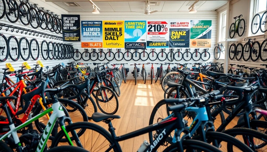 Prompt A well-lit bike store showroom with a wide selection of high-performance bicycles prominently displayed. In the foreground, several bikes with colorful designs and sleek frames are arranged in an eye-catching manner, catching the viewer's attention. The middle ground features a backdrop of promotional banners and signage highlighting various limited-time offers, discounts, and exclusive deals. The lighting is bright and natural, casting a warm, inviting atmosphere that encourages exploration. The overall scene conveys a sense of excitement and opportunity for the potential buyer, showcasing the store's commitment to providing unbeatable deals and promotions on the latest bike models.