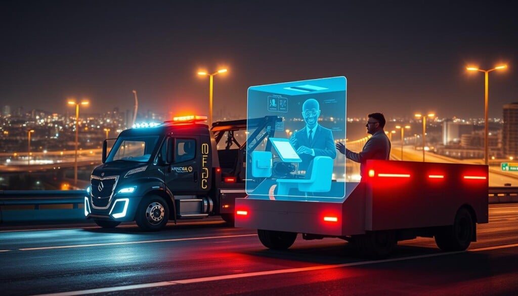 Roadside Assistance Technology: A futuristic scene, capturing the intersection of cutting-edge tech and modern mobility. In the foreground, a sleek, autonomous tow truck equipped with advanced sensors and digital displays, ready to swiftly respond to stalled vehicles. In the middle ground, a driver interacting with a holographic interface, seamlessly coordinating roadside assistance through voice commands and augmented reality. The background features a sprawling urban landscape, illuminated by the warm glow of streetlamps and the intermittent flashes of emergency lights, creating an atmosphere of efficiency and innovation. Cinematic lighting and a wide-angle lens capture the dynamic interplay of man and machine, showcasing the pivotal role of technology in the future of roadside assistance.