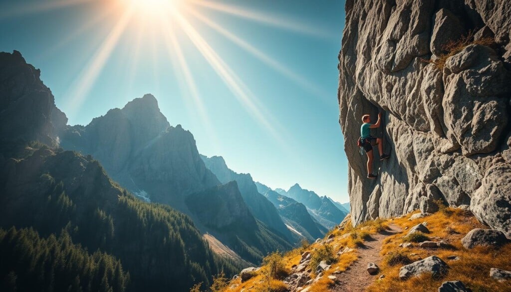 Rugged mountain peaks pierce the azure sky, with a lone climber scaling the sheer rock face, harnessed and focused, surrounded by lush alpine foliage. Beams of warm sunlight illuminate the scene, casting dramatic shadows that accentuate the climber's determined movements. In the distance, a winding trail leads up to the base of the climb, inviting adventurous spirits to embark on this thrilling journey. The overall atmosphere evokes a sense of challenge, perseverance, and the exhilaration of conquering nature's grand obstacles.