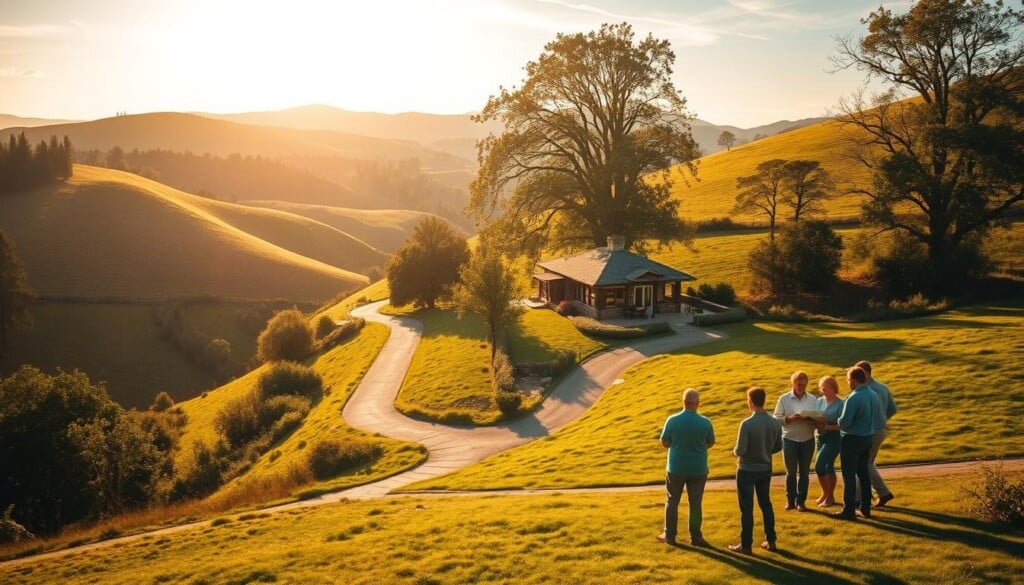 Scenic landscape with rolling hills, lush greenery, and a winding path leading to a quaint, rustic building. Warm afternoon sunlight filters through the trees, casting a golden glow over the scene. In the foreground, a group of people are gathered, examining blueprints and discussing plans, representing landscape architects at work. Soft shadows and a sense of depth create a welcoming, inviting atmosphere, encouraging the viewer to imagine themselves exploring this serene, idyllic setting in search of expert landscape design professionals.