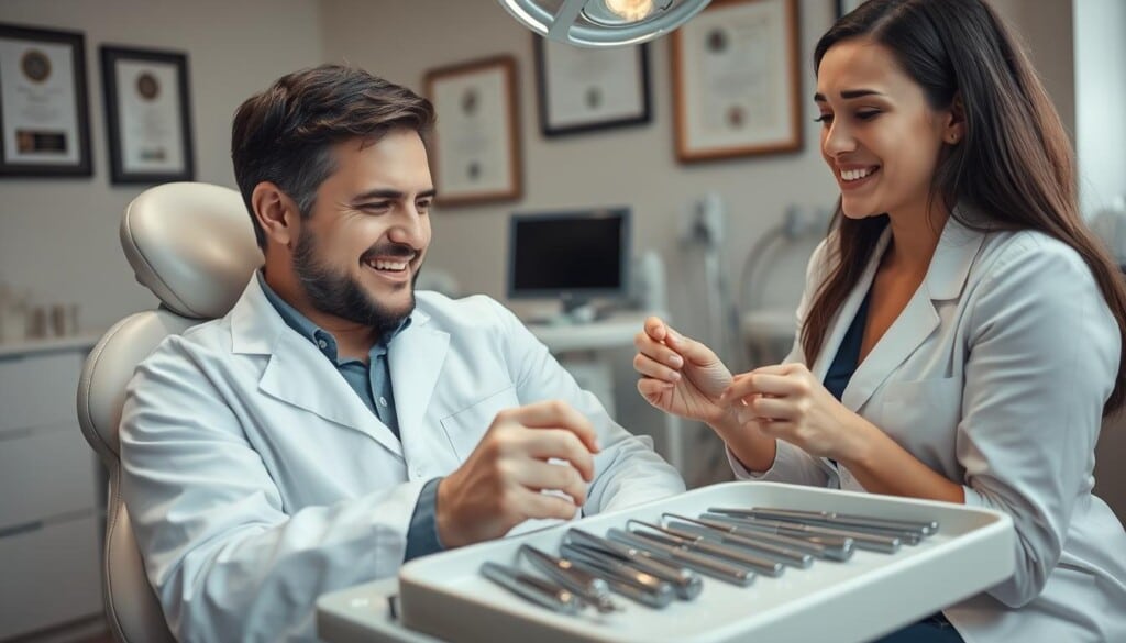 Sitting in a well-lit, modern dental office, a patient nervously reclines in the periodontist's chair. The clinician, dressed in a crisp white coat, leans in with a gentle smile, examining the patient's gums with a keen eye. On the tray beside them, an array of specialized tools glisten under the soft lighting. The room has a calming, sterile atmosphere, conveying a sense of professionalism and care. In the background, medical equipment and diplomas on the wall suggest the periodontist's expertise. The focus is on the patient's experience, with the clinician's hands and instruments guiding the examination, ensuring a thorough and attentive initial visit.