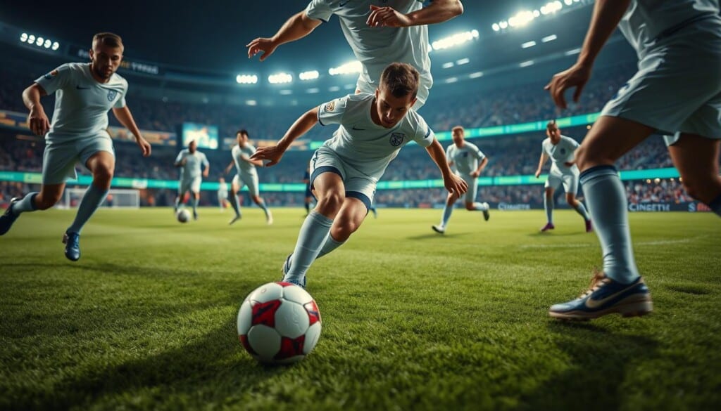Soccer player dribbling the ball with exceptional skill, weaving through an array of defenders in a dynamic, fast-paced gameplay scene. Close-up, high-angle view capturing the player's intense focus, quick footwork, and precise ball control as they navigate the field. Vibrant stadium lighting illuminates the grass pitch, creating a sense of energy and excitement. The player's uniform and equipment are detailed, showcasing the sport's professional and competitive nature. The background is blurred, placing the emphasis on the player's impressive ball-handling abilities.