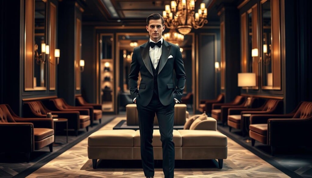Sophisticated tuxedo fashion trends for 2023, showcasing exquisite tailoring and modern silhouettes. A dashing male model stands center stage, dressed in a sleek black tuxedo with a slim-fit jacket and sharp lapels. His ensemble is accented by a crisp white shirt, a classic bow tie, and polished leather dress shoes. The lighting is soft and warm, creating a glamorous, high-end ambiance. In the background, a stylish tuxedo boutique setting with elegant decor, plush velvet seating, and sophisticated lighting fixtures. The overall scene exudes an aura of refined elegance and timeless sophistication, capturing the essence of the top tuxedo fashion trends for the year ahead.