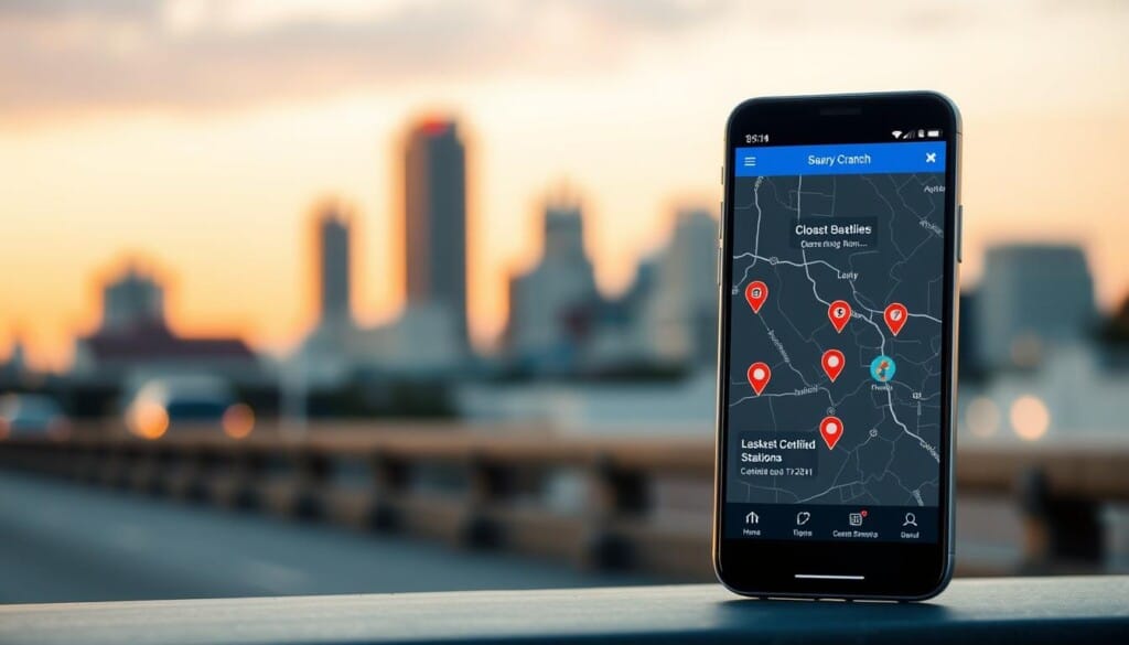 Stay updated with LocalZ, a modern and intuitive app showcasing certified smog check stations near your location. In the foreground, a sleek smartphone displays the app's interface, its clean design and vibrant colors inviting interaction. In the middle ground, a map with dynamic markers highlights the closest certified stations, providing essential information at a glance. The background features a warm, urban cityscape, conveying a sense of mobility and connectivity. Soft, directional lighting emphasizes the app's user-friendly experience, while a subtle depth of field adds a professional, editorial feel to the image.