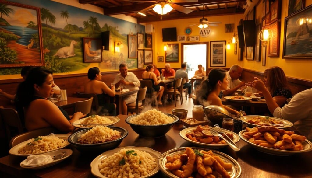 Steaming plates of arroz con gandules, moros y cristianos, tostones, and fried plantains fill a vibrant Dominican restaurant scene. Fragrant herbs and spices waft through the air, complementing the sizzling sounds of meat and seafood searing on the grill. Colorful murals depict lush island landscapes, while patrons converse animatedly around intimate wooden tables. Warm, golden lighting casts a cozy glow, inviting diners to savor each flavorful bite of this authentic Caribbean cuisine. In the background, salsa rhythms set the mood for a lively, family-friendly atmosphere that captures the spirit of Dominican culinary heritage.