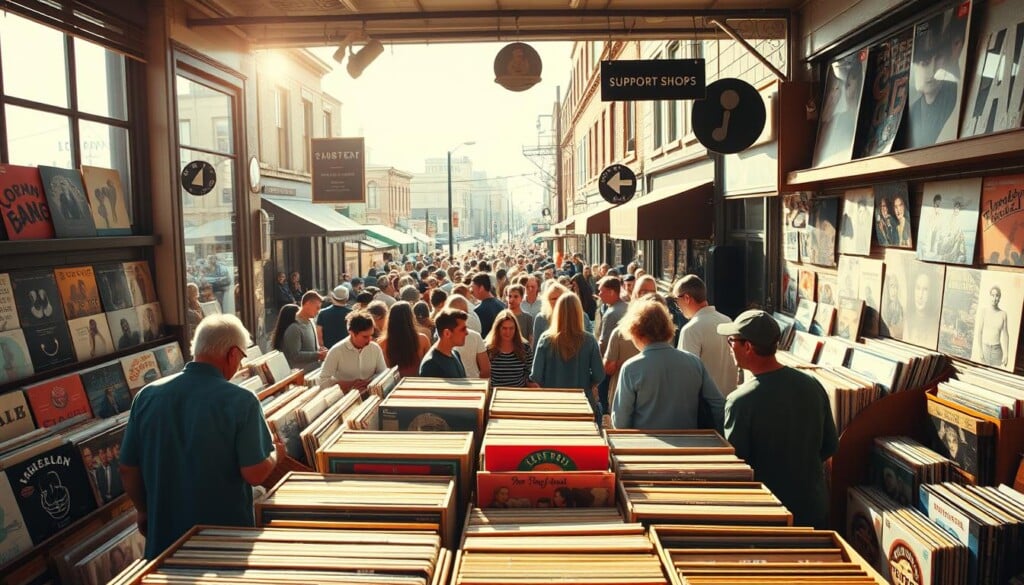 Support local record shops, a vibrant scene of vintage vinyl and music enthusiasts. In the foreground, a cozy independent store, its shelves brimming with rare finds and beloved classics. Sunlight filters through the storefront windows, casting a warm glow over the customers browsing the selection. In the middle ground, a diverse crowd of music lovers, each with their own unique style, bonding over a shared passion for the analog sound. The background showcases the urban landscape, with quaint storefronts and bustling streets, creating a sense of community and local pride. The lighting is soft and natural, accentuating the vintage aesthetic. The camera angle is slightly elevated, providing a panoramic view of the scene, capturing the energy and character of this local gem.