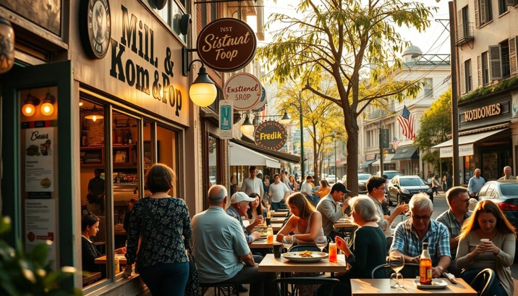 Supporting local restaurants, a vibrant scene of community and culinary delight. In the foreground, a cozy mom-and-pop eatery, its warm lighting and inviting facade beckoning passersby. Lively conversations spill out from the open windows, the aroma of homemade dishes wafting through the air. In the middle ground, diners savor their meals, their faces animated with joy and satisfaction. Surrounding the restaurant, a bustling urban landscape, where independent shops and local businesses thrive, creating a vibrant, interconnected community. Soft, golden natural lighting bathes the scene, evoking a sense of comfort and togetherness. The overall atmosphere is one of unity, where supporting local cuisine is a celebration of shared experiences and a deep appreciation for the unique flavors that make a neighborhood truly come alive.