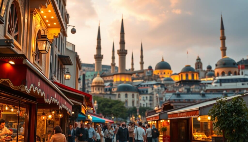 Top Turkish food restaurants, showcasing a vibrant scene of bustling city streets, with a diverse array of traditional restaurants and eateries. In the foreground, a row of charming establishments adorned with Turkish architectural details, their windows displaying mouthwatering dishes. In the middle ground, pedestrians and diners enjoying the lively atmosphere, while the background features towering buildings and landmarks that evoke the rich cultural heritage of Turkey. Warm, golden lighting illuminates the scene, creating a cozy and inviting ambiance. The overall composition captures the essence of the best Turkish food restaurants in the United States, where the flavors of the Mediterranean meet the vibrancy of urban life.