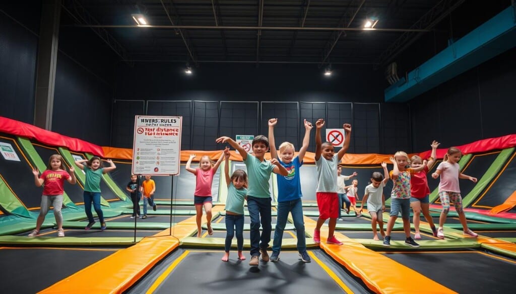 Trampoline park safety guidelines: A vibrant, high-energy scene showcasing the key safety rules in a modern, well-lit trampoline facility. In the foreground, a group of children and adults enthusiastically demonstrating proper techniques, such as keeping a safe distance, bouncing one at a time, and avoiding stunts. In the middle ground, clear signage and safety posters remind visitors of the guidelines. The background features the expansive, padded trampoline area with safety nets and padding on the walls, creating a safe, inviting atmosphere. The lighting is bright and natural, capturing the dynamic energy of the space. The overall composition conveys a sense of excitement and responsibility, encouraging safe and enjoyable experiences at the trampoline park.