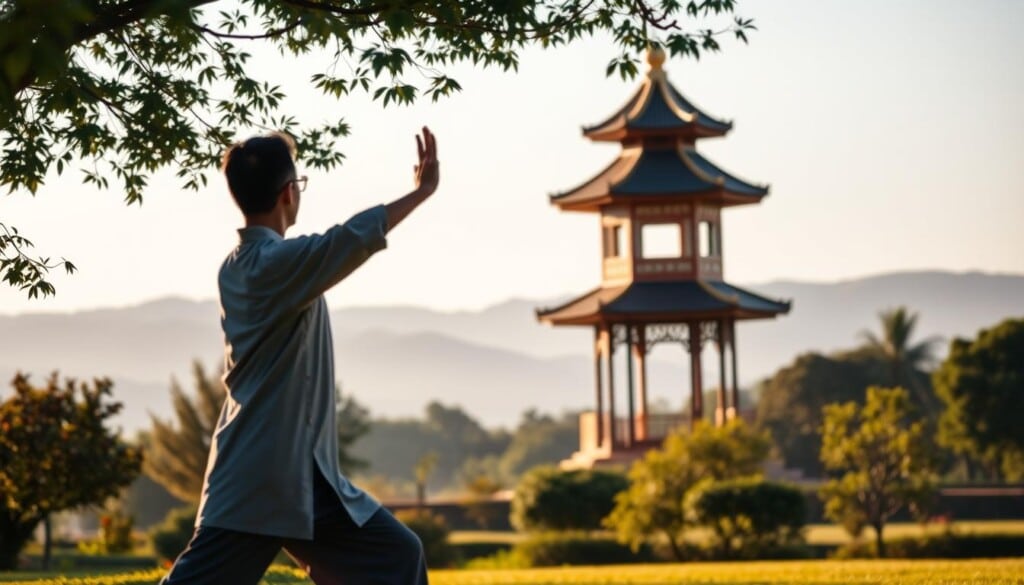 Tranquil morning, a serene garden setting. In the foreground, a person performing a graceful Tai Chi routine, their movements fluid and focused. Soft natural lighting casts a warm glow, accentuating the practitioner's pose. In the middle ground, a pagoda-style structure stands, its elegant architecture blending seamlessly with the lush, verdant landscape. In the distance, rolling hills and a clear sky create a sense of depth and tranquility. The overall atmosphere is one of peaceful contemplation, inviting the viewer to imagine integrating these calming Tai Chi practices into their daily life.