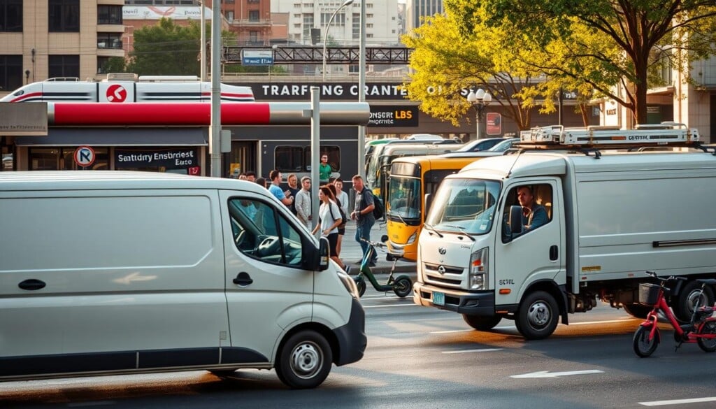 Transportation options for local businesses, featuring a bustling urban landscape with various modes of transportation. In the foreground, a delivery van and a small utility truck navigate the city streets, highlighting the practical needs of local enterprises. In the middle ground, a mix of pedestrians, bicyclists, and electric scooters showcase alternative, eco-friendly commuting options. In the background, a metro station and a network of public transportation buses indicate the diverse infrastructure available to support local businesses and their employees. The scene is illuminated by warm, natural lighting, conveying a sense of vibrant activity and efficient connectivity within the community.