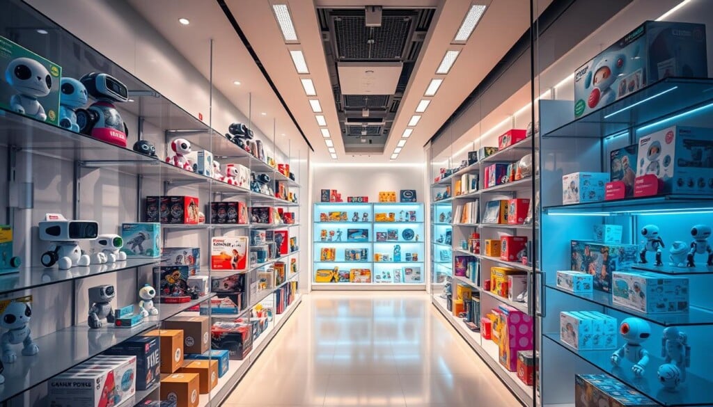 Trending toys in a vibrant, futuristic toy store display. Shelves lined with cutting-edge robotic pets, augmented reality gaming sets, and interactive STEM kits. Bright, strategic lighting illuminates the dynamic selection, casting shadows that hint at the innovative technologies within. Holographic product information hovers above each display, inviting hands-on exploration. Sleek, minimalist store design with pops of bold primary colors evokes a sense of excitement and discovery. A glass façade offers a glimpse into the immersive, high-tech shopping experience, capturing the essence of the evolving toy industry.