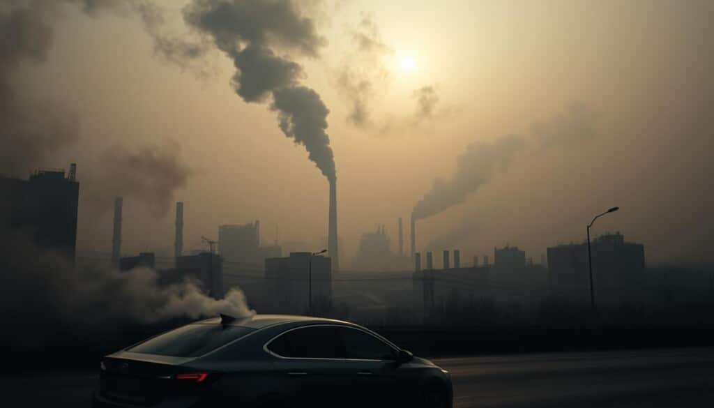 Twinkling urban skyline obscured by thick haze, conveying the impact of emissions on air quality. In the foreground, a gleaming car navigating the streets, its exhaust emitting plumes of smoke. In the middle ground, factories and industrial plants belching dark, billowing clouds into the atmosphere. The background fades into a muted, gray-tinged horizon, the sun barely visible through the polluted air. Dramatic chiaroscuro lighting casts dramatic shadows, heightening the sense of gloom and environmental degradation. Realistic, high-detail rendering with a cinematic, almost dystopian aesthetic.