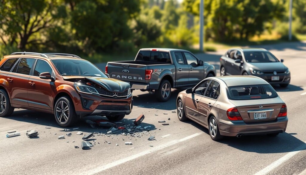 Types of Car Accidents: a realistic, high-resolution digital illustration depicting four common car accident scenarios in a detailed, technical style. In the foreground, a side-impact collision between a sedan and an SUV, with debris and broken glass scattered around. In the middle ground, a rear-end collision between a pickup truck and a compact car, with both vehicles crumpled. In the background, a head-on collision between two sedans, with the vehicles intertwined. The scene is illuminated by natural daylight, with shadows and highlights accentuating the details of the vehicles and the impact. The atmosphere conveys a sense of urgency and the aftermath of a serious accident.