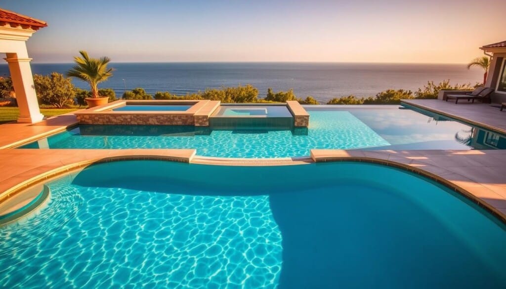 Types of Swimming Pools: A visually captivating outdoor scene showcasing a diverse array of premium swimming pool designs. In the foreground, a luxurious freeform pool with a sleek, contemporary edge, its crystal-clear waters reflecting the warm, golden sunlight. In the middle ground, a classic rectangular pool with elegant stone coping, complemented by lush, verdant landscaping. In the background, a stunning infinity pool blending seamlessly with the horizon, creating a serene, tranquil atmosphere. The pools are illuminated by soft, natural lighting, casting subtle shadows and highlighting the textures of the water and surrounding materials. The overall composition conveys a sense of relaxation, sophistication, and a premium outdoor oasis.