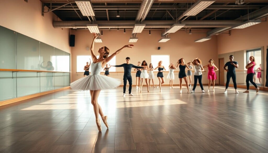 Types of dance classes offered in a spacious, well-lit dance studio. In the foreground, a graceful ballet dancer performs an arabesque, dressed in a delicate tutu. In the middle ground, a group of students practice modern dance, their movements fluid and expressive. In the background, a lively hip-hop class leaps and spins, the room energized by upbeat music. The overall atmosphere is one of creativity, movement, and a celebration of diverse dance styles. The lighting is warm and natural, highlighting the dancers' dedication and passion. The camera angle is slightly elevated, providing a comprehensive view of the studio's offerings.
