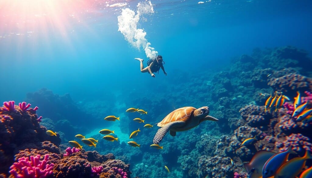 Underwater paradise: A scuba diver effortlessly glides through crystal-clear waters, surrounded by a vibrant coral reef teeming with diverse marine life. Sunlight filters through the surface, casting a warm glow and creating a serene, meditative atmosphere. In the foreground, a school of colorful tropical fish dart playfully, while in the middle ground, a curious sea turtle gracefully navigates the currents. The background reveals the depth and tranquility of the underwater realm, with undulating kelp forests and a sense of peaceful exploration. The scene conveys the restorative benefits of scuba diving, promoting mental well-being, physical fitness, and a deep connection with the natural world.