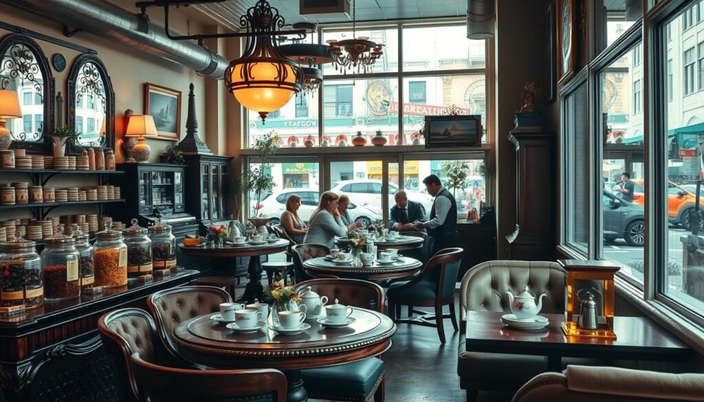 Unique tea shops, cozy interiors with warm lighting, plush seating, and elegant tea sets on ornate wooden tables. An array of exotic teas, from delicate floral blends to robust black teas, displayed in glass jars. Eclectic decor, with vintage chandeliers, antique clocks, and local artwork adorning the walls. Large windows offering glimpses of bustling city streets outside, creating a peaceful haven amidst the urban landscape. Baristas in crisp uniforms expertly preparing each cup, the aroma of freshly brewed tea filling the air. Patrons relaxing, deep in conversation or simply savoring the moment, surrounded by the rich history and cultural traditions of these enchanting tea houses across the USA.