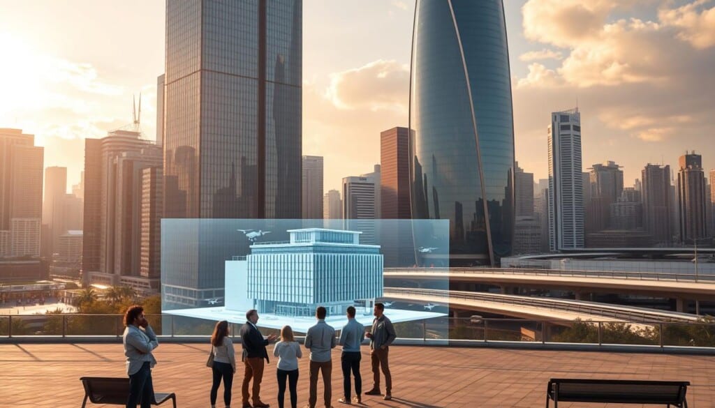 Vast futuristic skyline of towering glass-and-steel high-rises, bathed in warm, golden sunlight filtering through wispy clouds. In the foreground, a group of people examine a holographic 3D model of a sleek, modern commercial building, gesticulating animatedly. Beneath their feet, a paved plaza with geometric patterns and benches. In the middle ground, autonomous delivery drones and self-driving cars glide along elevated roadways. The background is dominated by a gleaming, curved tower with a mirrored facade reflecting the cityscape. An air of innovation, progress, and technological sophistication pervades the scene.