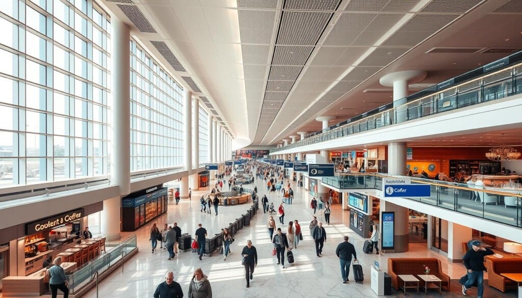 Vibrant airport terminal with natural light streaming through floor-to-ceiling windows. Bustling concourse filled with various amenities - sleek coffee shops, gourmet eateries, high-end retail boutiques, and inviting lounge areas. Passengers navigate the space with a sense of efficiency and ease, aided by intuitive wayfinding signage. Polished marble floors and modern architectural features create an atmosphere of sophistication. Soft ambient lighting and soothing color palette evoke a sense of calm, offsetting the energy of the environment. The scene captures the unique character and personality of a premier U.S. airport, catering to the diverse needs of modern travelers.