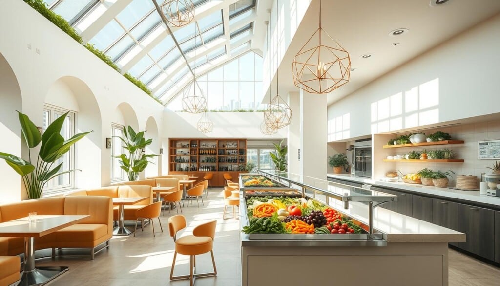 Vibrant, airy dining spaces with plush seating, natural light, and unique architectural elements. Geometric light fixtures and verdant greenery infuse the modern, health-conscious ambiance. Thoughtfully curated food displays with fresh, colorful produce, complemented by sleek countertops and minimalist decor. An atmosphere that seamlessly blends culinary innovation and wellness, inviting guests to savor exceptional, nourishing meals in a serene, elevated setting.