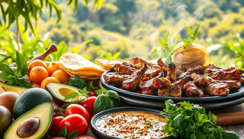 Vibrant and aromatic scene showcasing the unique flavors of Colombian cuisine. In the foreground, an array of authentic ingredients such as ripe avocados, fresh tropical fruits, and fragrant herbs. The middle ground features a sizzling platter of savory arepas, crispy empanadas, and succulent grilled meats, all bursting with bold seasonings. The background is a lush, verdant setting reminiscent of the diverse landscapes of Colombia, bathed in warm, golden light. The overall composition evokes a sense of cultural richness, culinary heritage, and the welcoming ambiance of a Colombian food restaurant.