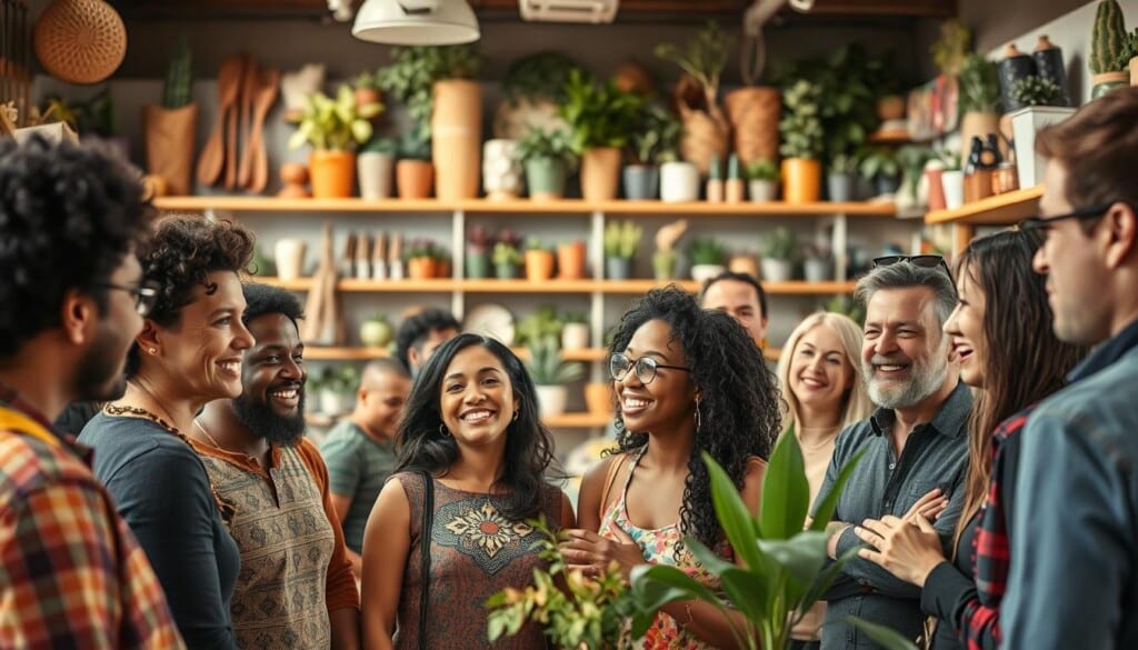 Vibrant and engaging scene of a local community gathering, set in a cozy and inviting home & garden store. The foreground features a group of diverse individuals deeply engaged in conversation, their facial expressions and body language conveying a sense of genuine connection and collaboration. In the middle ground, shelves brimming with an array of gardening tools, decorative plants, and home decor items create a visually stimulating backdrop. The lighting is warm and natural, casting a soft glow over the scene, evoking a welcoming and inclusive atmosphere. The overall composition conveys a sense of community, local pride, and a shared passion for creating beautiful and sustainable living spaces.