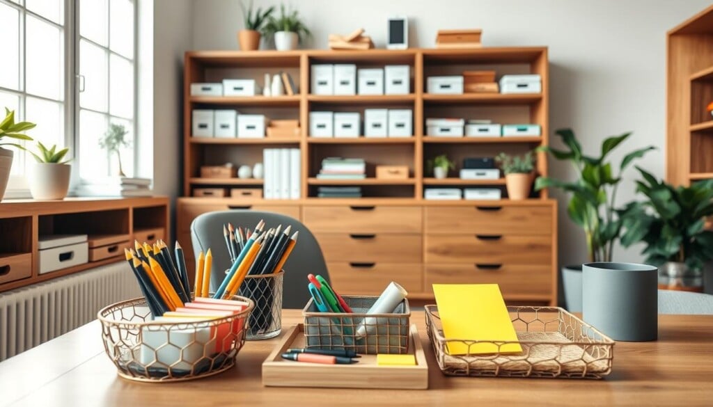 Vibrant and organized home office, showcasing expertly curated storage solutions. Sleek wooden shelves and drawers in the background, neatly housing various office supplies. In the foreground, decorative baskets and trays hold pens, sticky notes, and other small items, creating a visually pleasing and functional arrangement. Soft natural lighting from large windows illuminates the scene, highlighting the textures and colors of the organization tools. The overall atmosphere conveys a sense of productivity, efficiency, and a touch of minimalist elegance.