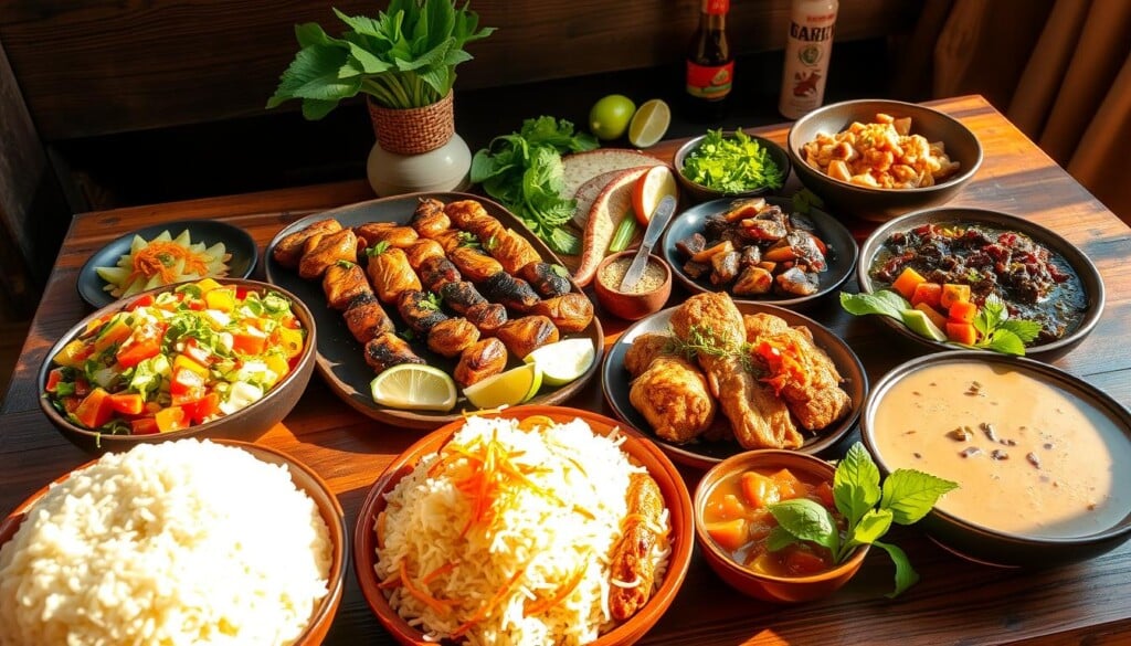 Vibrant arrangement of popular Laotian dishes on a rustic wooden table, bathed in warm, natural lighting. In the foreground, steaming sticky rice, fragrant laab salad, and zesty papaya salad. In the middle, tender grilled chicken skewers, aromatic beef larb, and colorful nam khao. In the background, a selection of fresh herbs, lime wedges, and pungent fish sauce. The scene evokes the rich, complex flavors and vibrant colors of Laotian cuisine, inviting the viewer to explore this diverse culinary tradition.