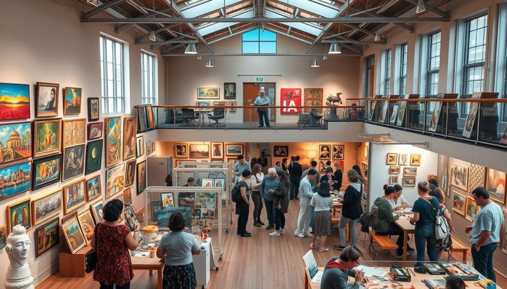 Vibrant art exhibitions and lively cultural workshops unfold in a bustling community center. A spacious gallery showcases diverse artworks, from colorful paintings to intricate sculptures, bathed in warm, natural lighting that filters through large windows. In the adjoining rooms, groups of people engage in hands-on activities, sharing ideas and honing their creative skills. The atmosphere is one of exploration, collaboration, and a shared appreciation for the arts. Soft, diffused shadows and a slightly muted color palette create a sense of calm and creativity, inviting visitors to immerse themselves in the cultural richness of the local community.