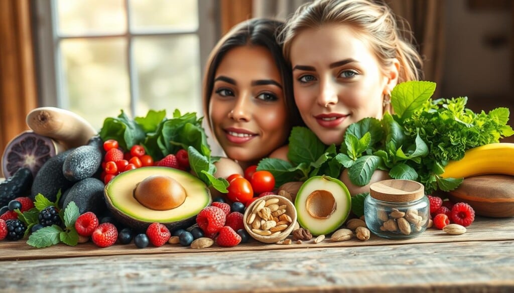 Vibrant assortment of fresh, nutritious ingredients artfully arranged on a rustic wooden table, illuminated by natural window light. In the foreground, a variety of superfoods like avocado, berries, leafy greens, and nuts, each representing key skin-nourishing vitamins, minerals, and antioxidants. The middle ground showcases vibrant, dewy skin, glowing with radiance, while the background hints at a serene, nature-inspired setting, underscoring the holistic connection between skin health and proper nutrition. The overall composition conveys a sense of balance, vitality, and the transformative power of a skin-supportive diet.