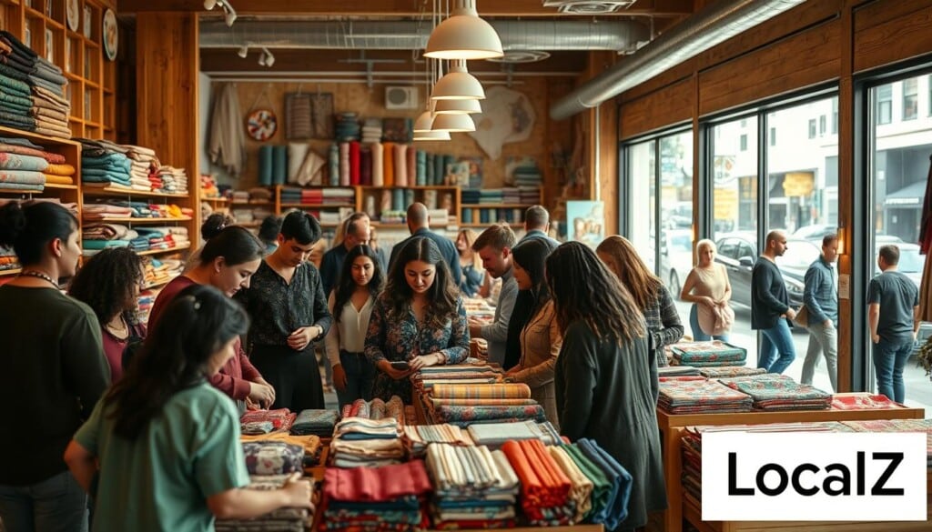 Vibrant community engagement in a bustling fabric store, showcasing the heart of LocalZ. In the foreground, a group of diverse individuals gather around a display table, examining colorful textiles and discussing their creative projects. Warm natural lighting fills the space, casting a cozy ambiance. In the middle ground, the store's interior features rustic wooden shelves brimming with an array of quality fabrics, patterns, and accessories. In the background, large windows allow the lively street scene to blend seamlessly, connecting the store to the local community. The overall atmosphere exudes a sense of collaboration, inspiration, and a shared passion for textile arts.