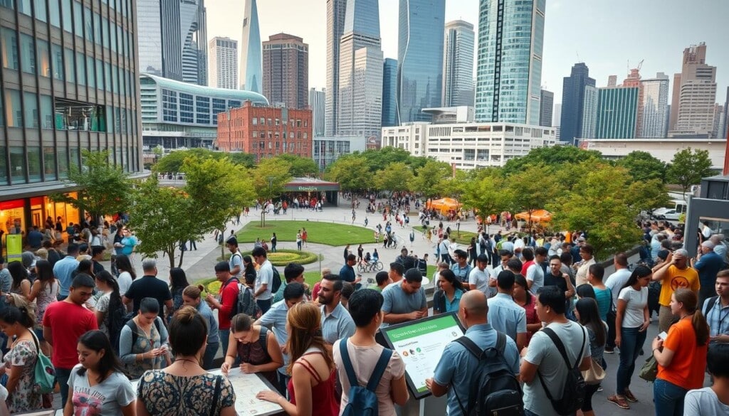 Vibrant community gathering in a bustling urban setting, showcasing diverse individuals engaged in LocalZ initiatives. In the foreground, people of all ages collaborate on interactive displays, exchanging ideas and organizing local transportation solutions. The middle ground features an expansive public square with lush greenery and modern architecture, creating an inviting atmosphere. In the background, towering skyscrapers and transportation hubs symbolize the integration of community-driven efforts with the larger urban landscape. Soft, warm lighting illuminates the scene, capturing a sense of harmony and collective empowerment.