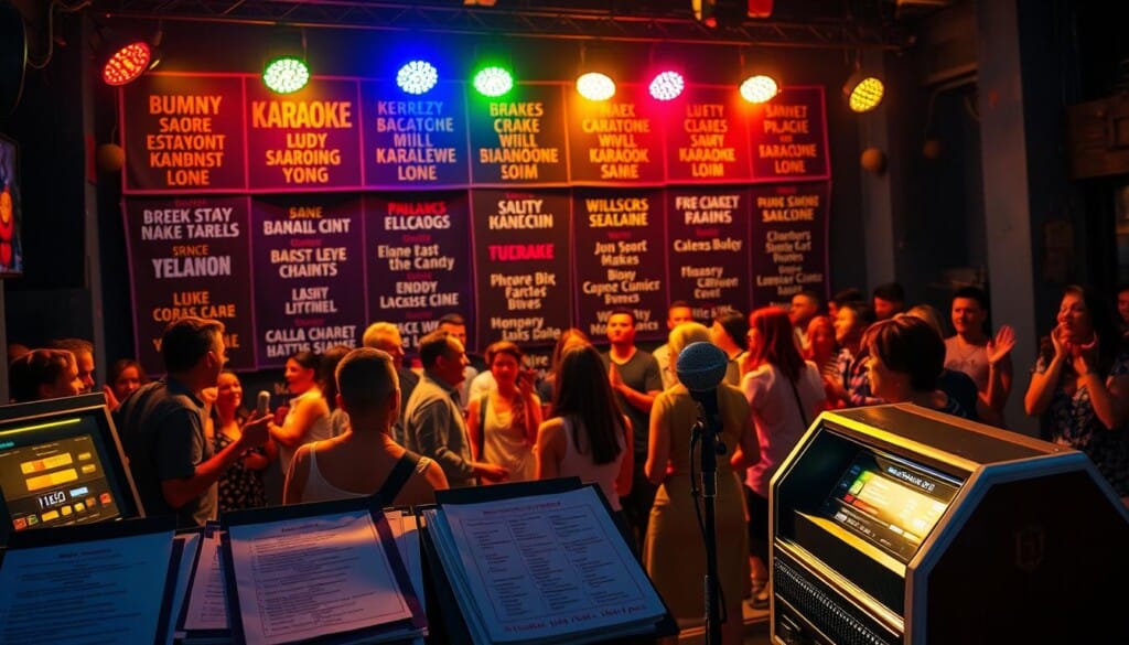 Vibrant karaoke night scene with an eclectic mix of song titles and genres displayed on an illuminated stage. Colorful spotlights cast a warm glow, highlighting a diverse group of enthusiastic singers stepping up to the microphone. In the foreground, an assortment of song sheets and a vintage karaoke machine create an authentic atmosphere. The background features a lively crowd swaying and clapping to the energetic rhythms. Captured with a wide-angle lens to convey the excitement and energy of the event, this image evokes the spirit of discovering new karaoke hits at a lively neighborhood night spot.