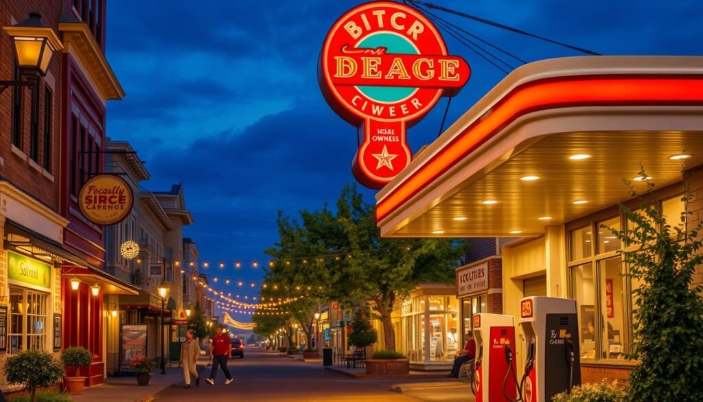 Vibrant local economies, bustling with independent businesses and community spirit. A picturesque main street, lined with quaint shops, bakeries, and cafes. Warm lighting casts a cozy glow, inviting passersby to explore. In the foreground, a locally-owned gas station stands proud, its retro signage and well-kept facilities reflecting the care and attention of its owners. Surrounding it, lush greenery and charming architecture create a welcoming, small-town atmosphere. A sense of belonging and togetherness pervades the scene, capturing the essence of why choosing local gas stations supports the heart of the community.