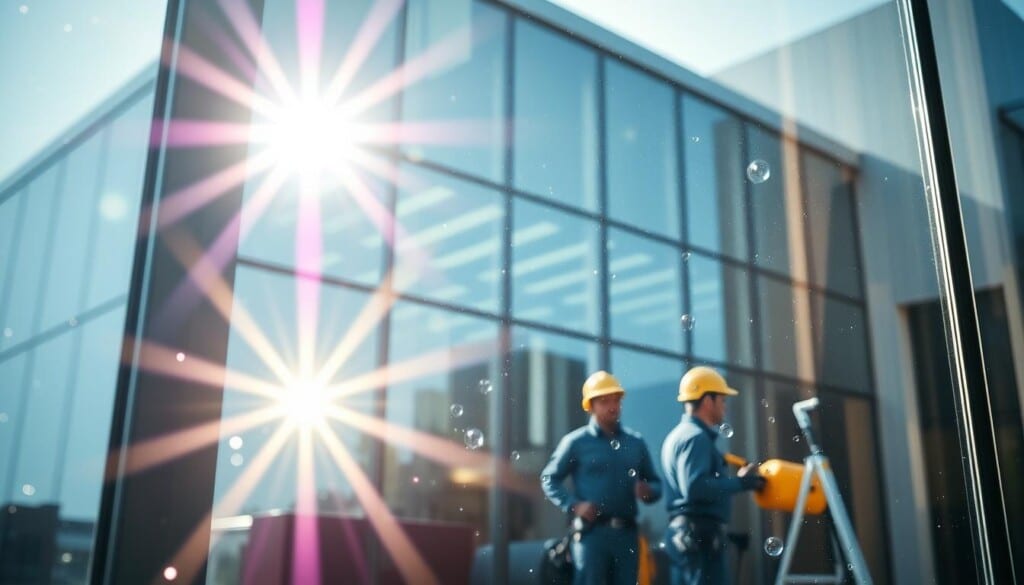 Vibrant, sparkling window panes in the foreground, reflecting the radiant sunlight filtering through. In the middle ground, a team of professional window cleaners, their equipment and tools meticulously arranged, showcasing their expertise. The background features a sleek, modern building facade, its gleaming surfaces accentuating the Sparkle Clean difference. Crisp, high-contrast lighting illuminates the scene, capturing the precision and attention to detail that sets this window washing service apart. A sense of pride and exceptional craftsmanship pervades the frame, inviting the viewer to experience the superior quality of Sparkle Clean's work.