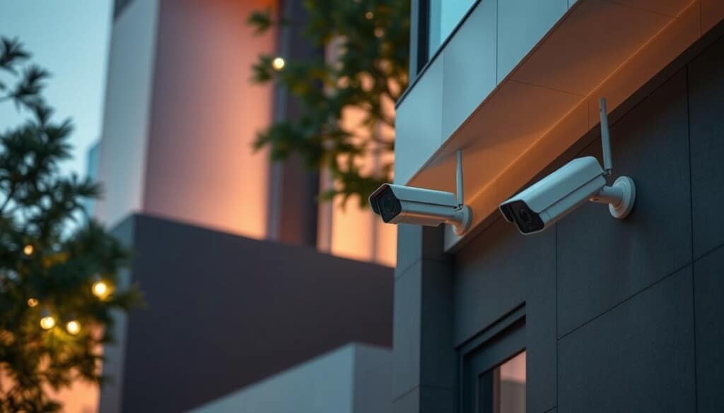 Wireless security cameras mounted on sleek, modern buildings, their lenses trained on the surroundings. Discreet and unobtrusive, they blend seamlessly into the architecture, capturing footage in high definition. Illuminated by soft, ambient lighting that casts a warm glow, the cameras are arranged in strategic positions, providing comprehensive coverage of the area. The scene conveys a sense of security and protection, with the cameras acting as silent sentinels, safeguarding the smart home and its occupants.
