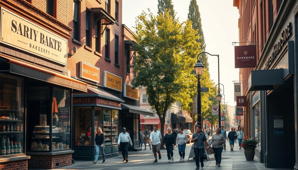 a bustling city street with a variety of local services, including a family-owned bakery, a cozy cafe, a trendy clothing boutique, and a modern hardware store. the storefronts have a classic, historic charm with brick and stone facades, ornate window displays, and a sun-dappled awnings. pedestrians stroll along the sidewalk, window shopping and chatting with shopkeepers. the scene is bathed in warm, golden natural light, creating a inviting, vibrant atmosphere. in the background, tall trees and vintage lampposts line the street, adding a touch of whimsy. the overall impression is one of a thriving, close-knit community.