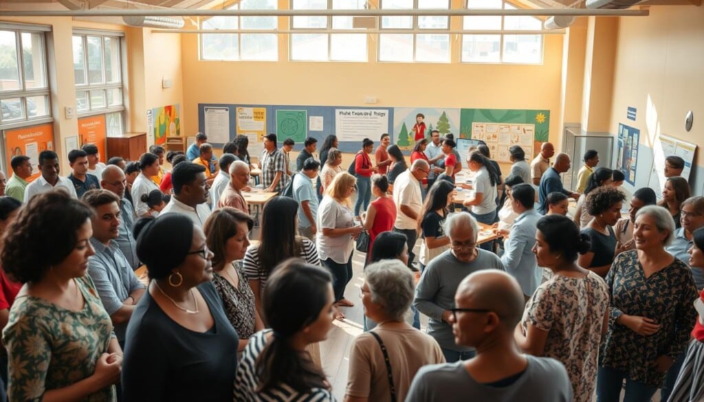 a bustling community center, well-lit with warm natural lighting filtering through large windows. In the foreground, a diverse group of adults earnestly engaged in lively discussions and group activities, their faces alight with enthusiasm. In the middle ground, a mix of practical workshops and hands-on learning stations, people of all ages collaborating and sharing knowledge. The background showcases vibrant murals and informational displays highlighting the center's mission to empower local residents through accessible education programs. An atmosphere of camaraderie, discovery, and empowerment pervades the scene.