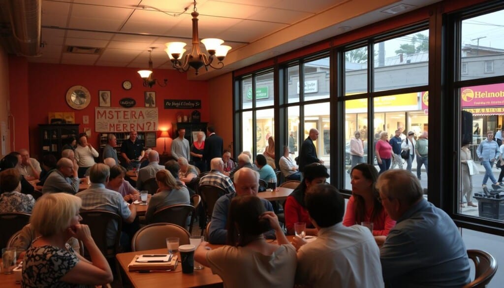 a bustling local community center, warm lighting illuminating the bustling activity inside - people of all ages gathered around tables, engaged in lively discussions, supporting one another, a sense of camaraderie and shared purpose palpable; in the foreground, a group of business owners and community leaders meeting, strategizing ways to further strengthen the local economy and provide resources for those in need; through the windows, a picturesque view of the neighborhood, storefronts decorated with vibrant signs and banners, people strolling the sidewalks, creating an atmosphere of togetherness and resilience.
