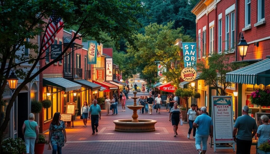 a bustling main street in a quaint town, with local shops and restaurants lining the sidewalks, people strolling and window-shopping, vibrant colors and textures, warm lighting casting a cozy glow, a central plaza with a fountain or statue, trees and greenery creating a lush, inviting atmosphere, shop signs and awnings reflecting the unique character of each business, a sense of community and local pride, people enjoying the walkable, pedestrian-friendly environment, an overall feeling of supporting and celebrating the heart of the community
